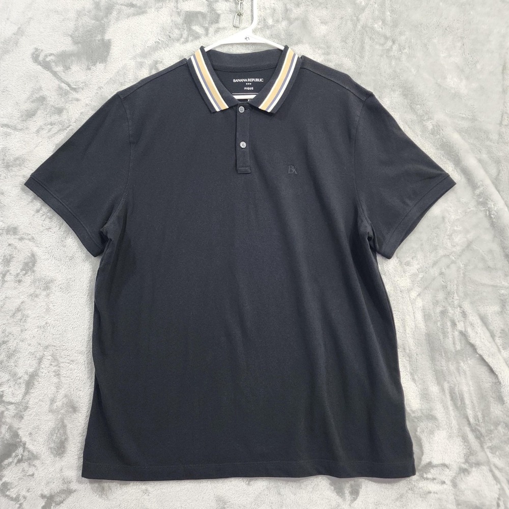 Banana Republic Polo Shirt Men XL Black Pique Cotton Striped Collar Short Sleeve